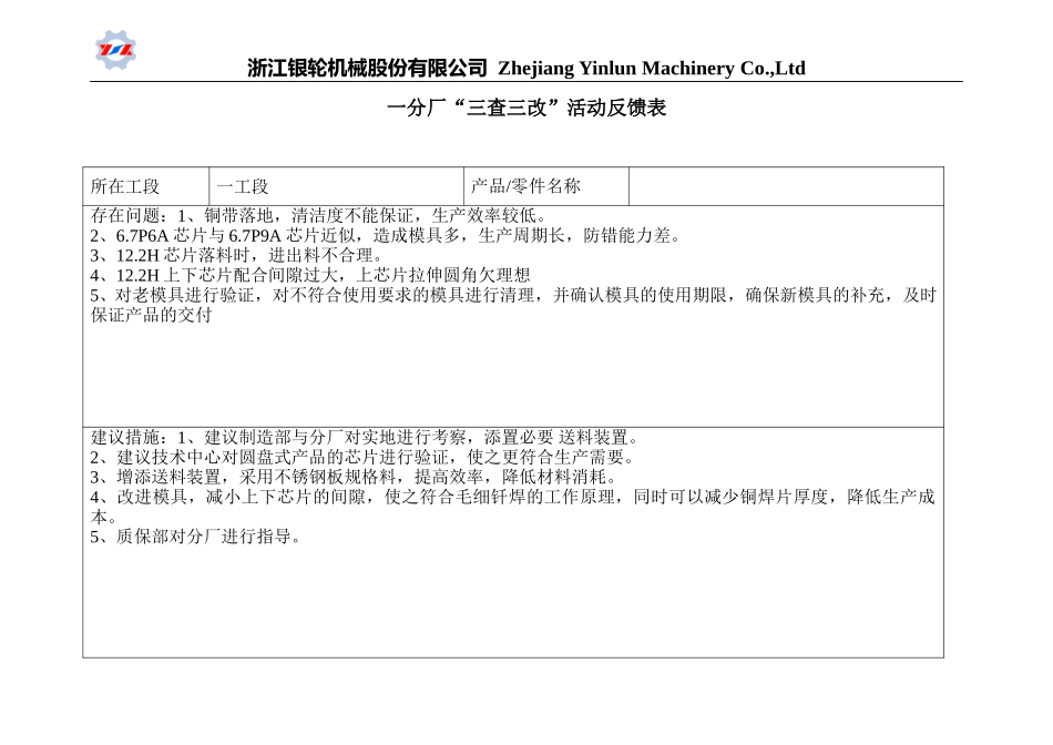 “三查三改”活动反馈表（第一分厂）.doc_第1页
