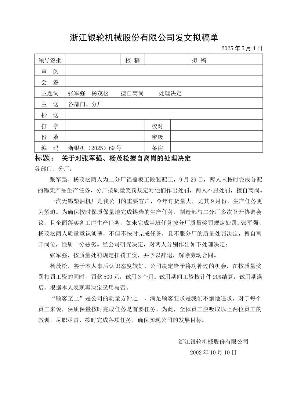 69关于对张军强、杨茂松擅自离岗的处理决定.doc_第1页