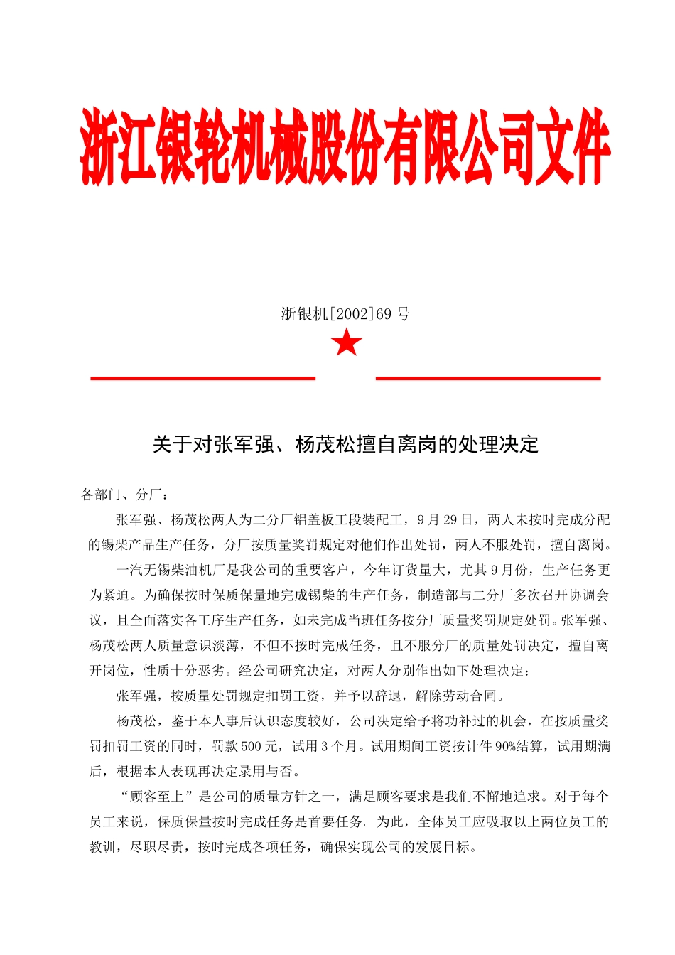 69关于对张军强、杨茂松擅自离岗的处理决定.doc_第2页