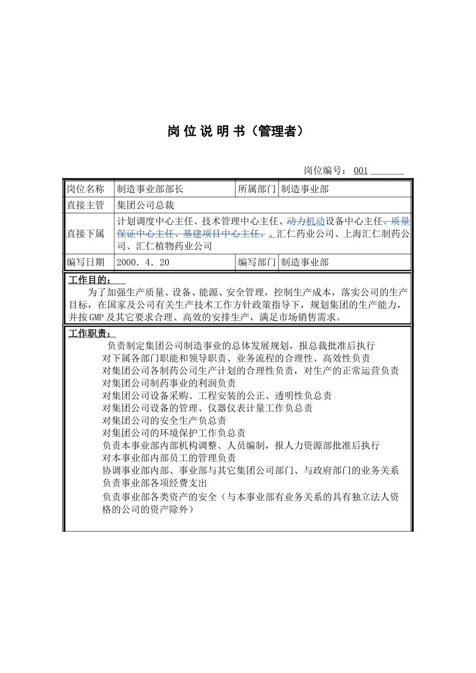 岗位说明书－制造事业部部长.doc_第1页