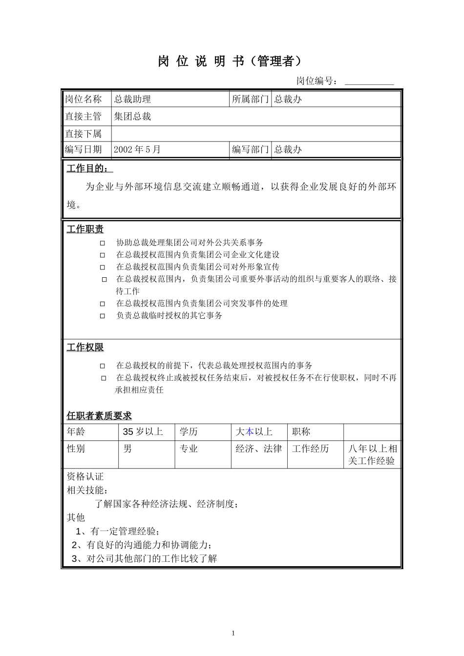 岗位说明书－总裁助理.doc_第1页
