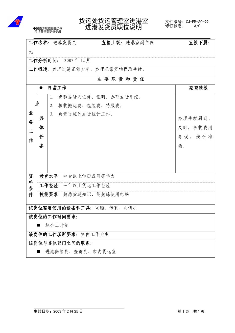 99进港发货员职位说明.doc_第1页
