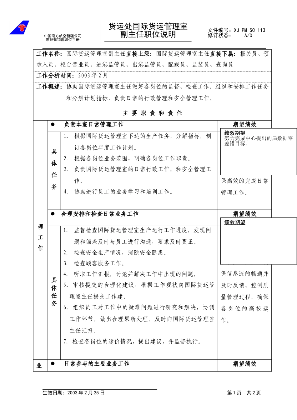 113国际货运管理室副主任职位说明.doc_第1页