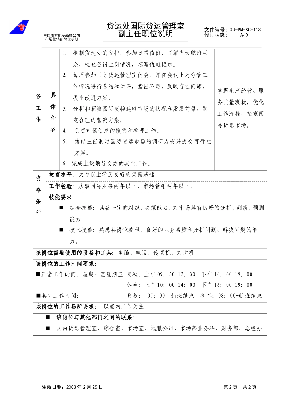 113国际货运管理室副主任职位说明.doc_第2页