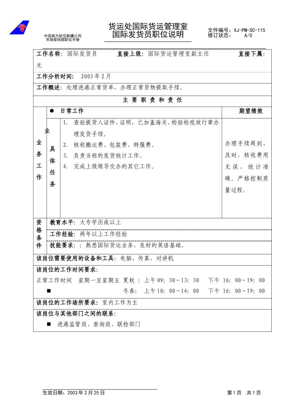 115国际货运管理室国际发货员职位说明.doc_第1页
