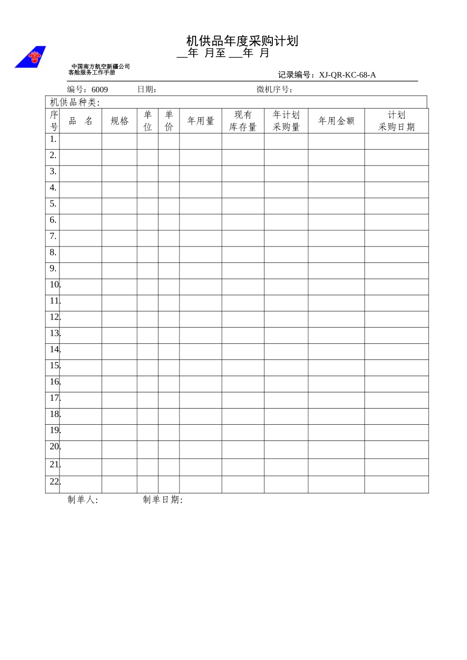 KCB-015-客舱部年度采购计划表.doc_第1页