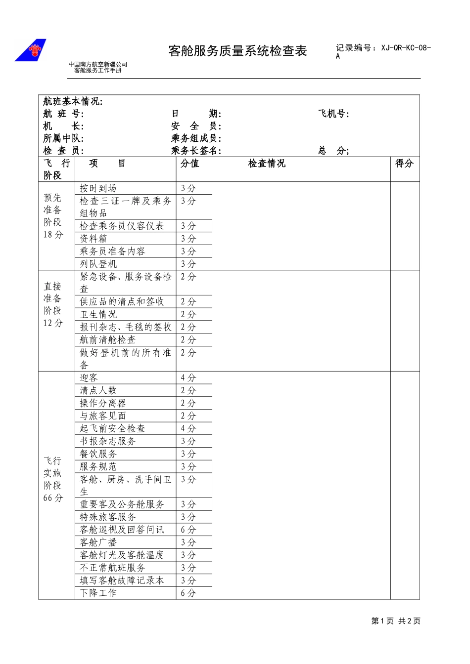 客舱服务质量系统检查表.doc_第1页