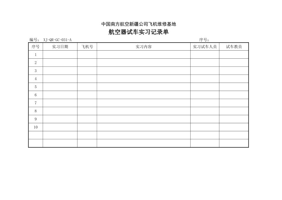31航空器试车实习记录单.doc_第1页