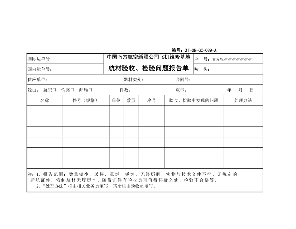 89航材验收、检验问题报告单.doc_第1页