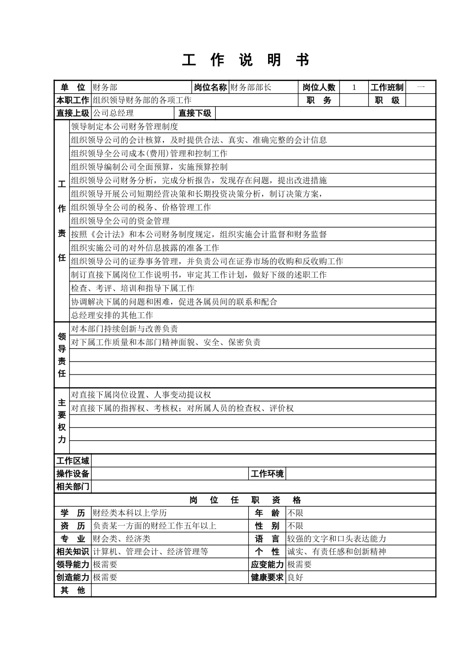 财务部部长工作说明书.doc_第1页