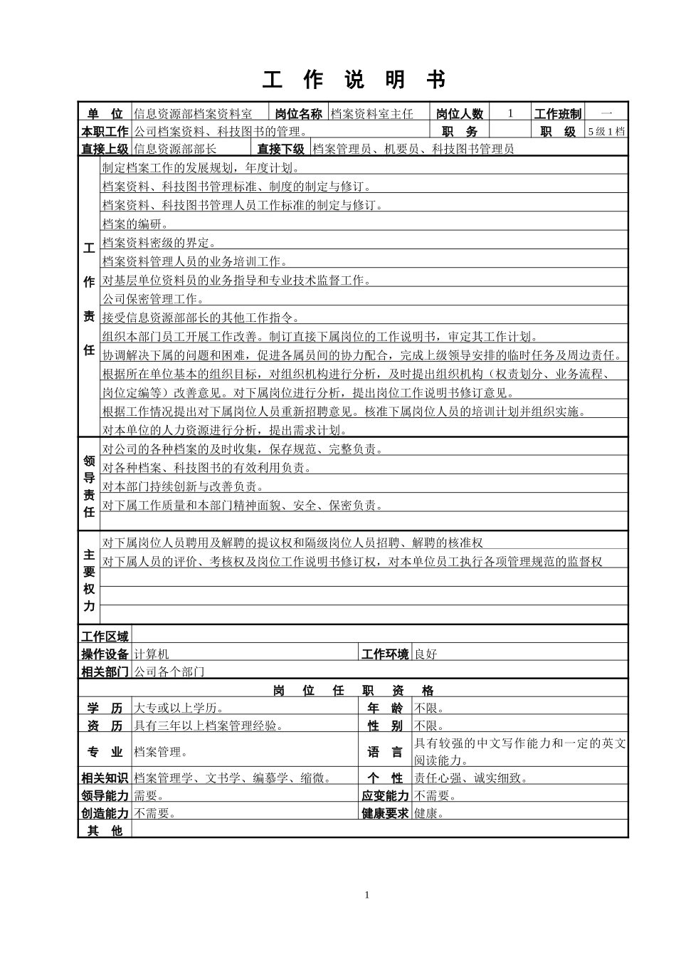 档案资料室工作说明书.doc_第1页
