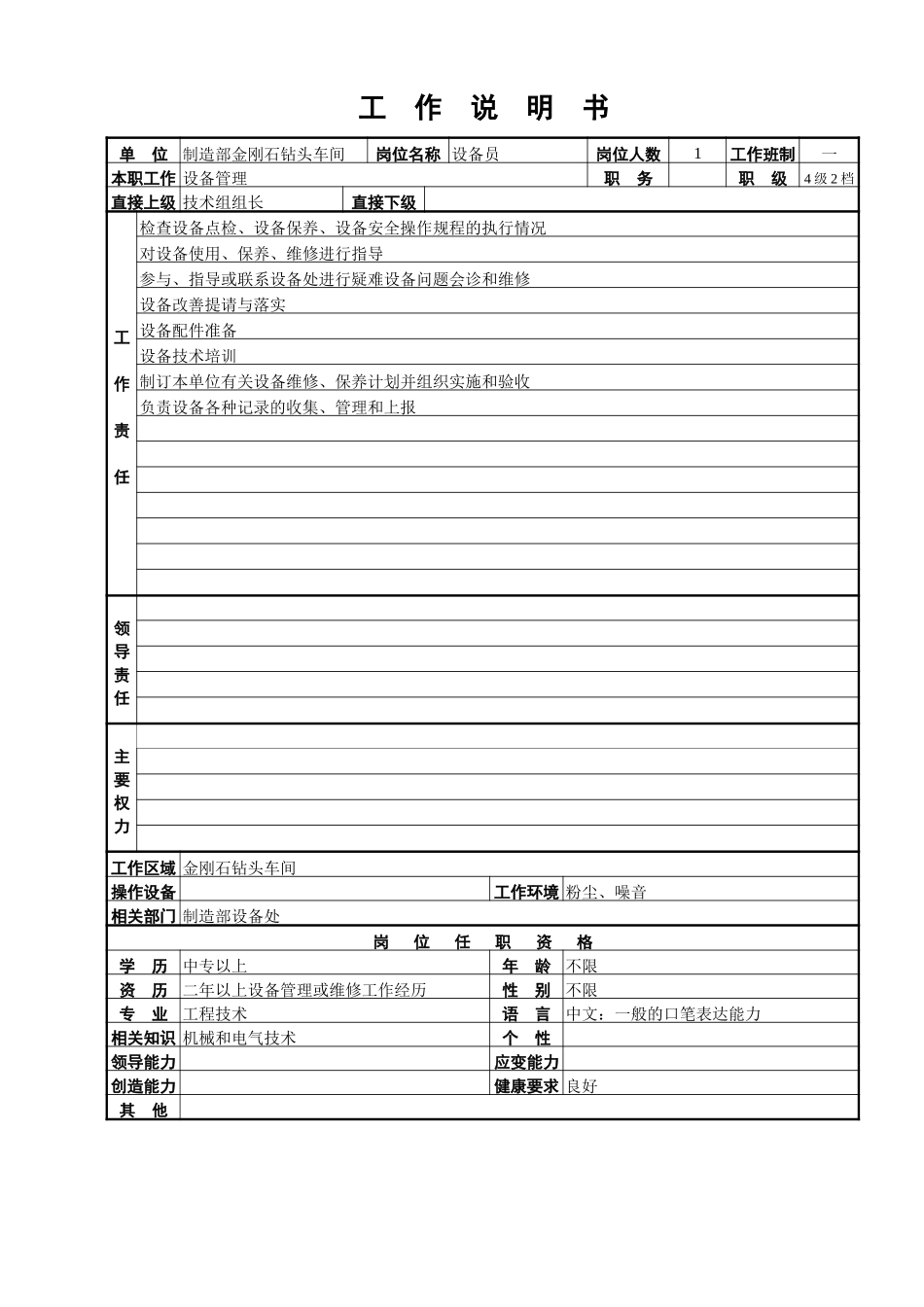 金刚石钻头车间工作说明书.doc_第2页