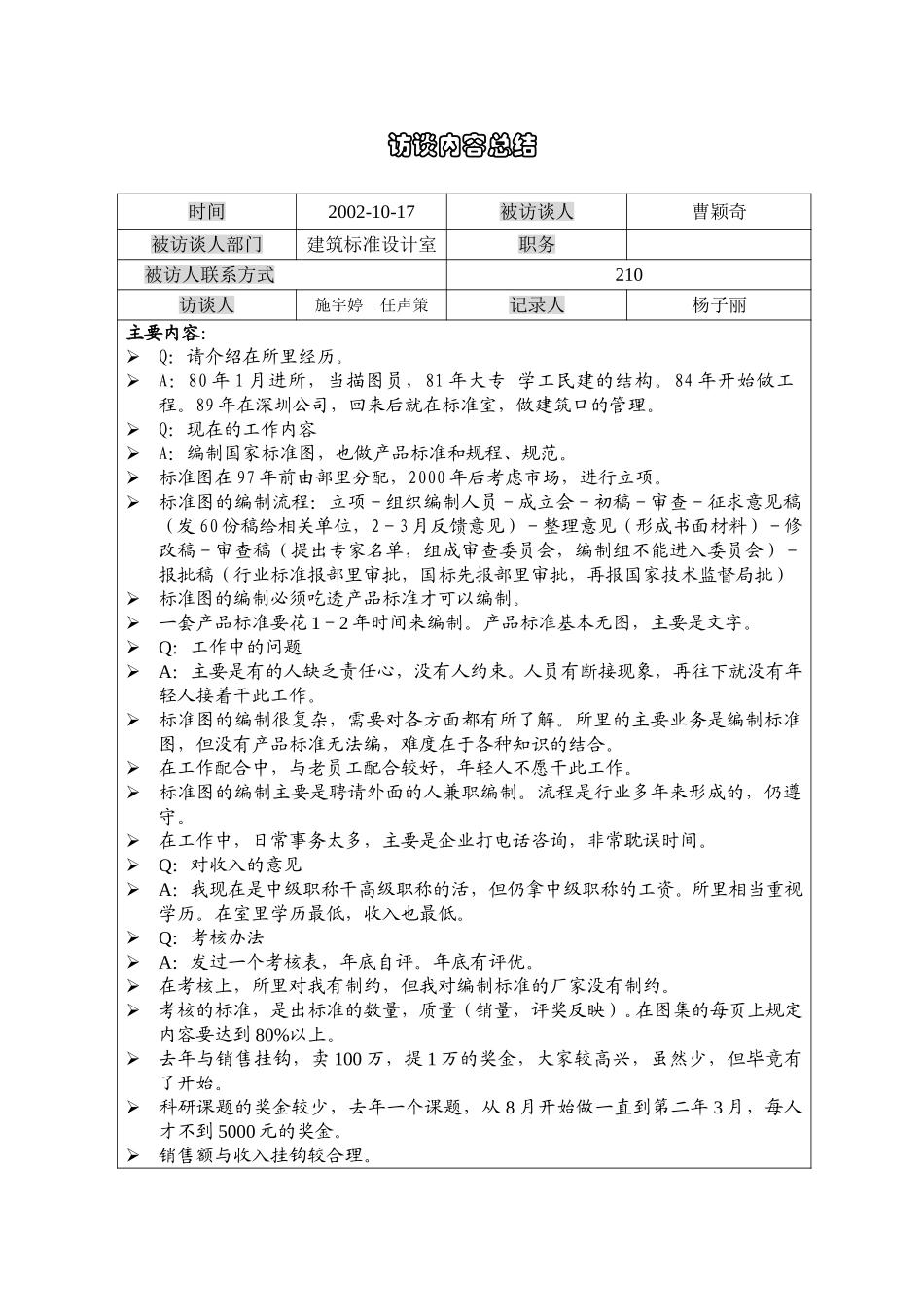 1017访谈记录曹颖奇（建筑标准室）YZ.doc_第1页