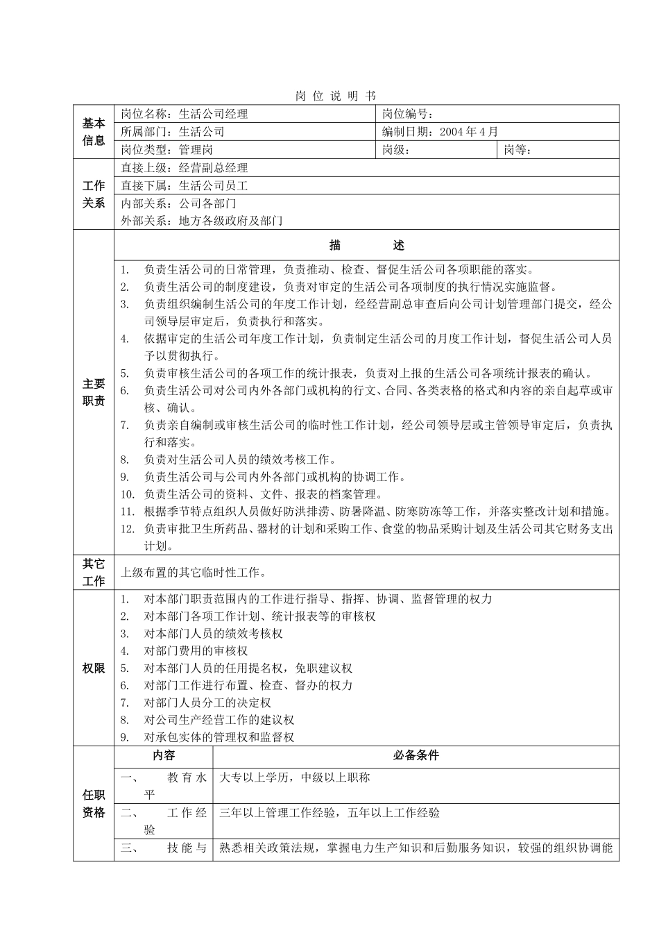 岗位说明书-生活公司.doc_第1页