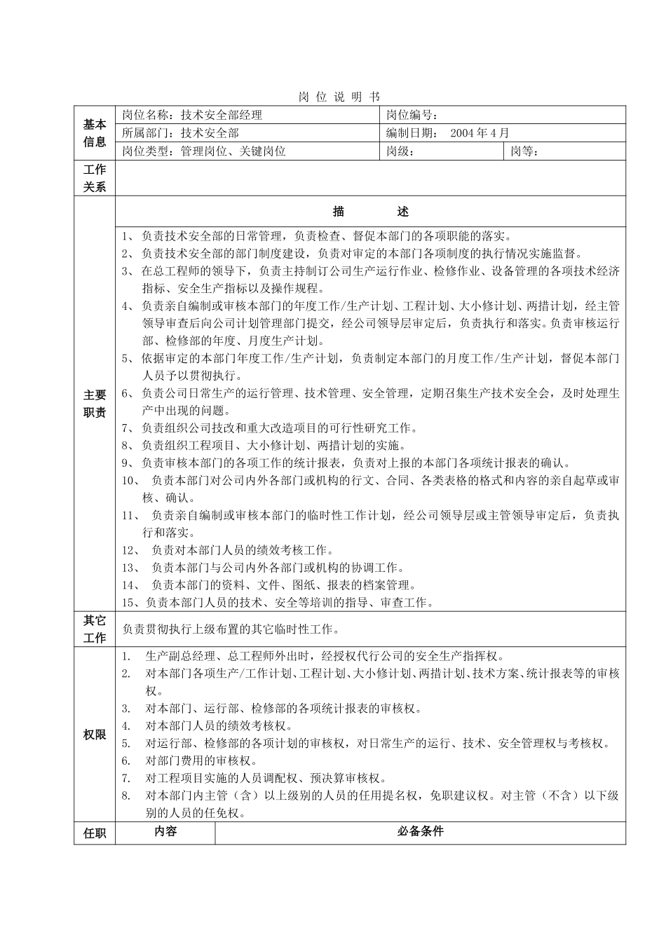 技术安全部岗位说明书.doc_第1页