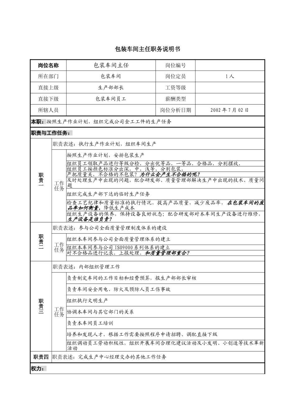 包装车间主任职务说明书.doc_第1页
