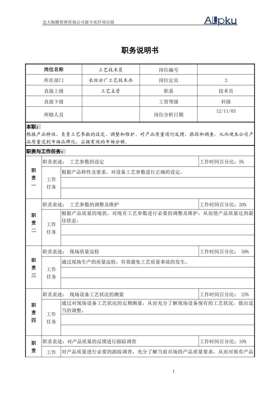新丰化纤工艺技术员岗位职务说明书.doc_第1页