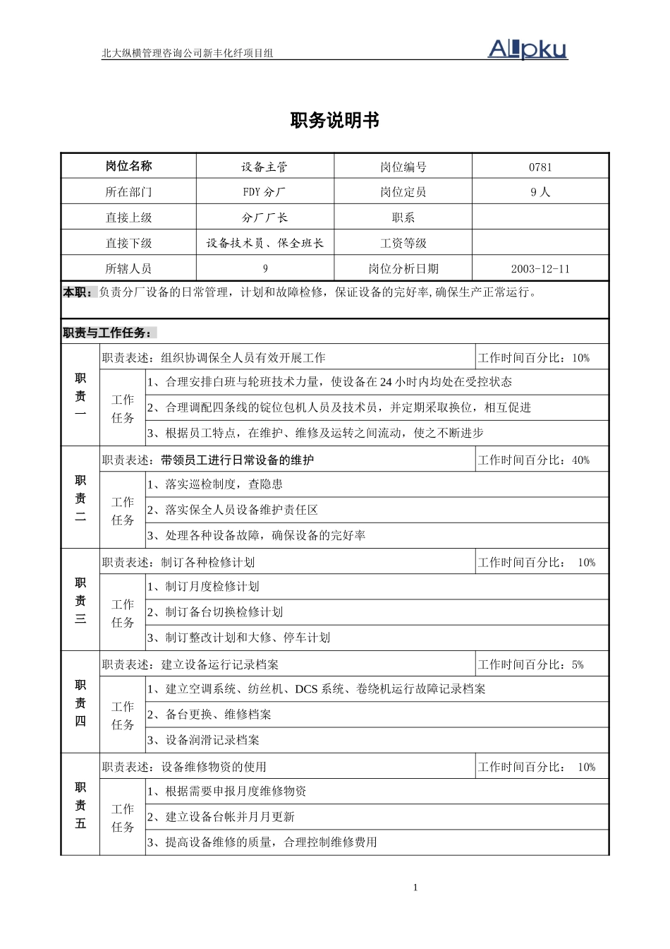 FDY分厂设备主管职位说明书.doc_第1页