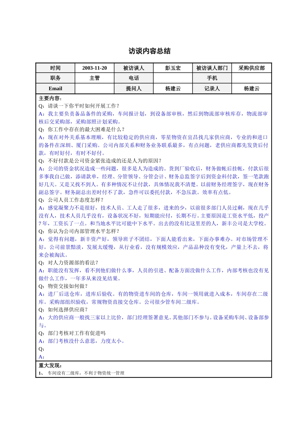 采购供应部主管彭玉宏访谈总结.doc_第1页