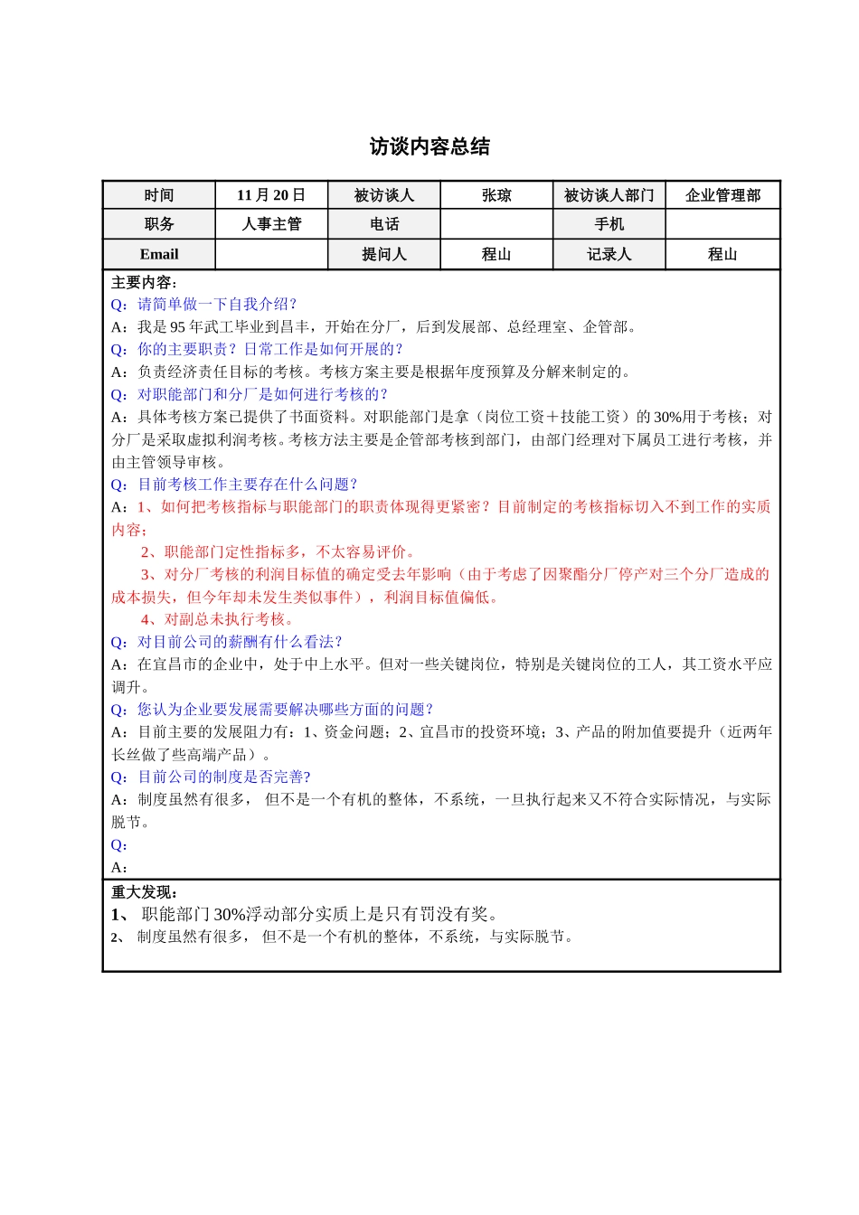 企业管理部考核主管张琼访谈总结.doc_第1页