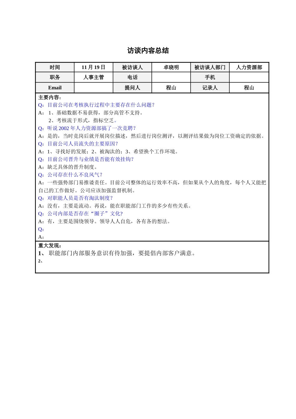 人力资源部人事主管卓晓明访谈总结.doc_第1页