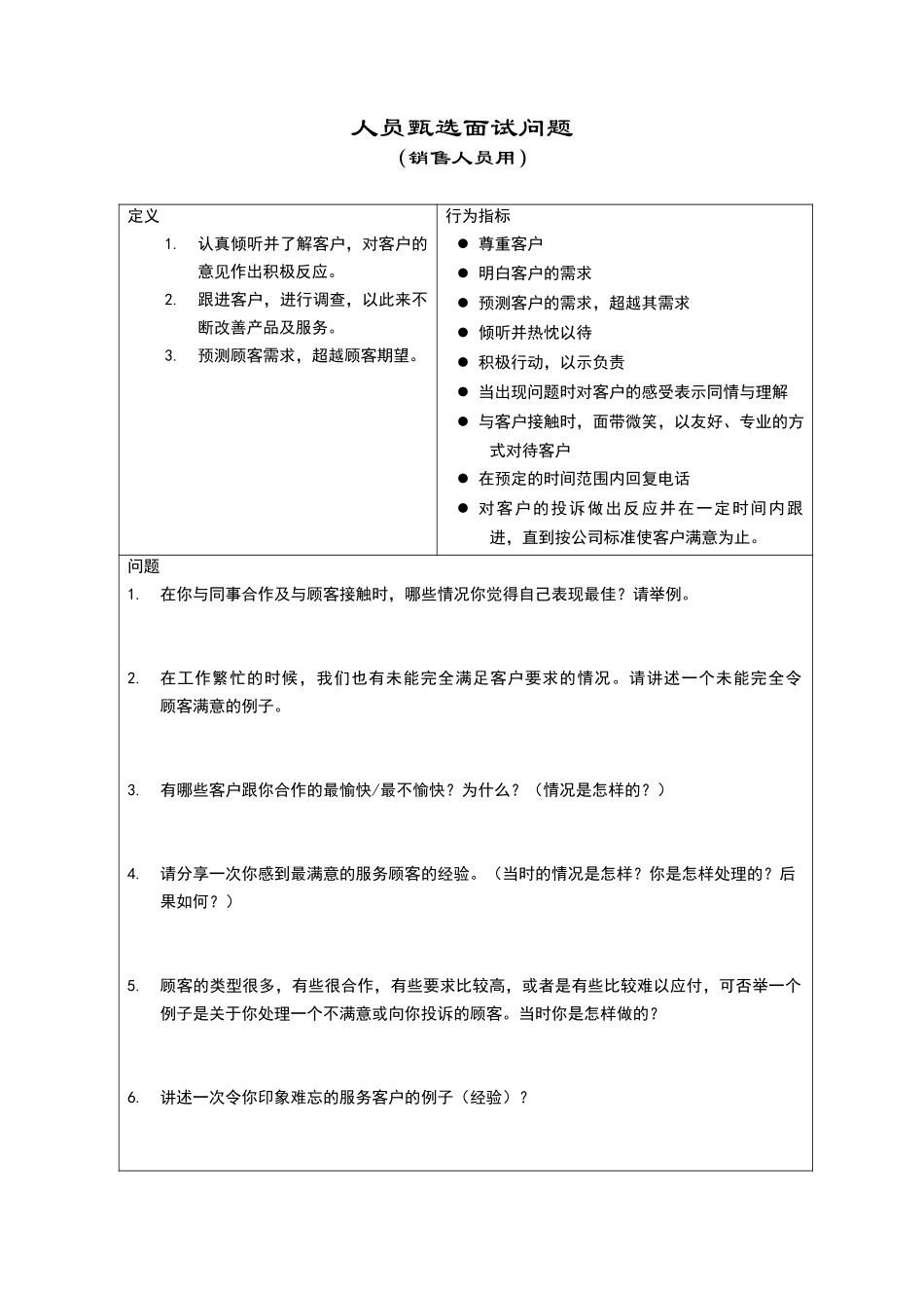 人员甄选面试问题（销售人员用）.doc_第1页