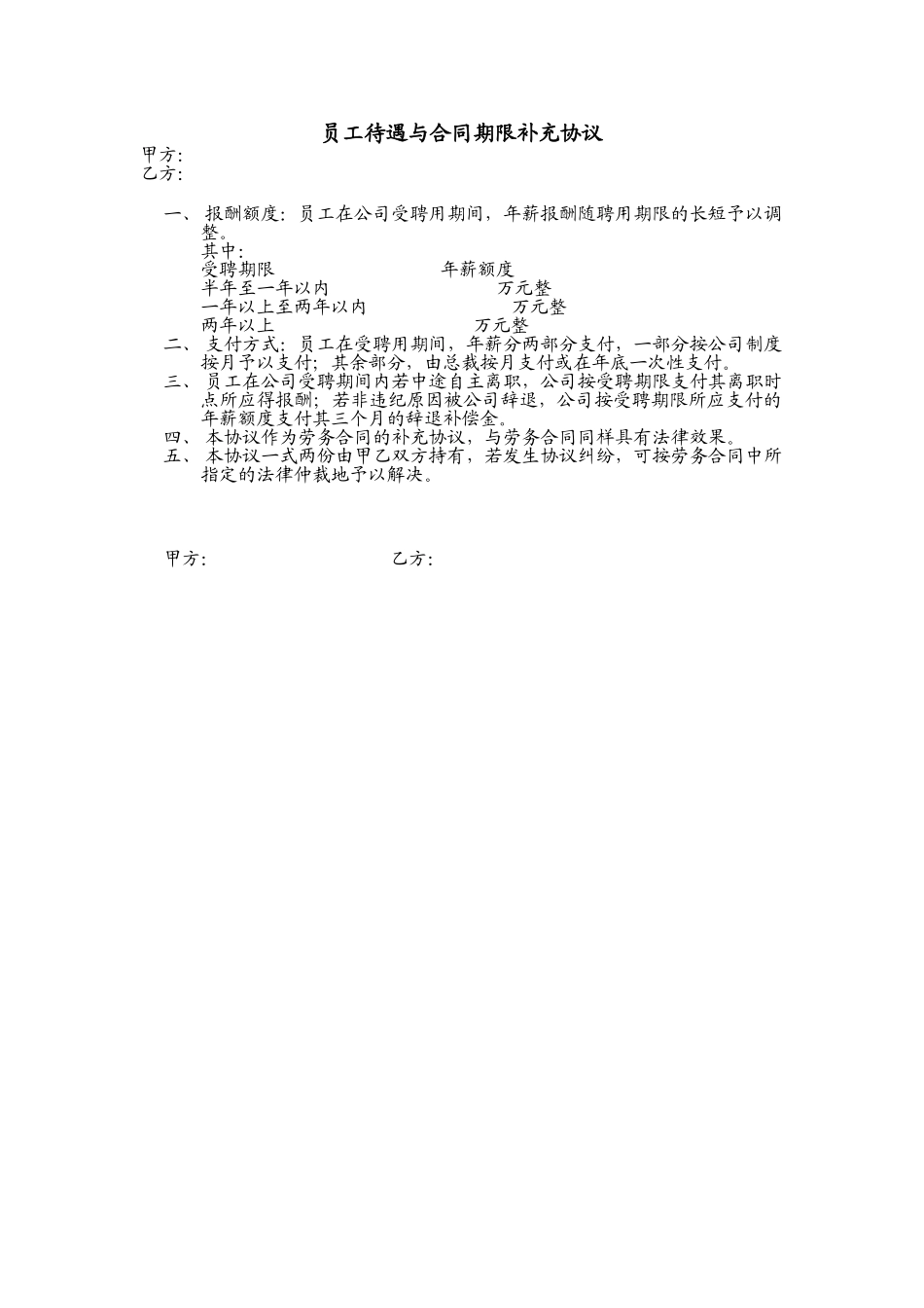 员工待遇与合同期限补充协议zhw0609.doc_第1页