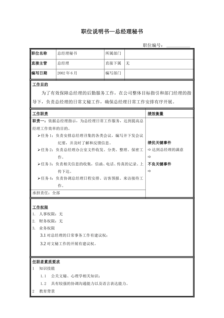 职位说明书-总经理秘书.doc_第1页