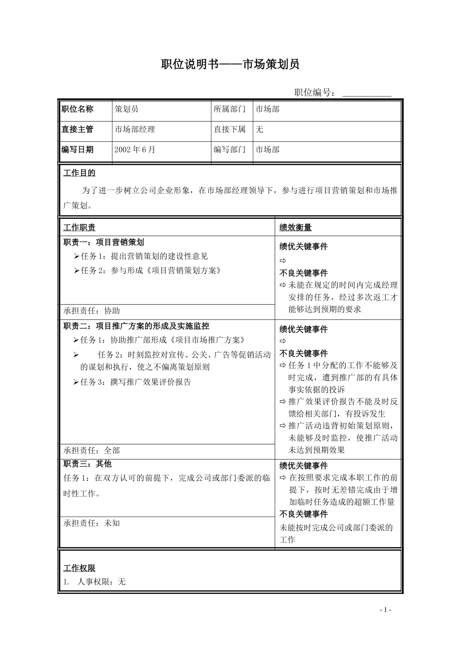 职位说明书——市场部策划员.doc_第1页