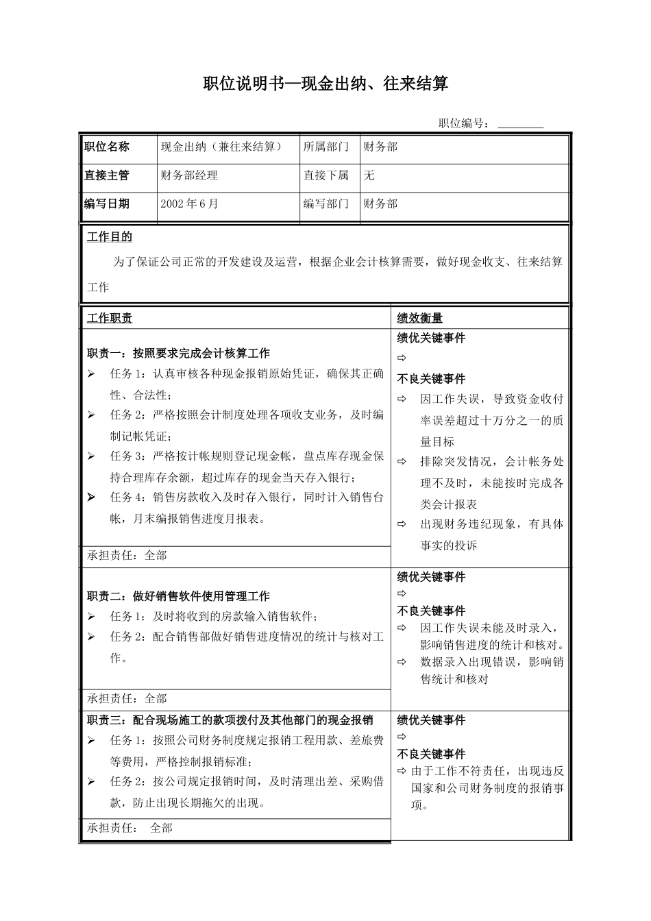 职位说明书—现金出纳、往来结算.doc_第1页