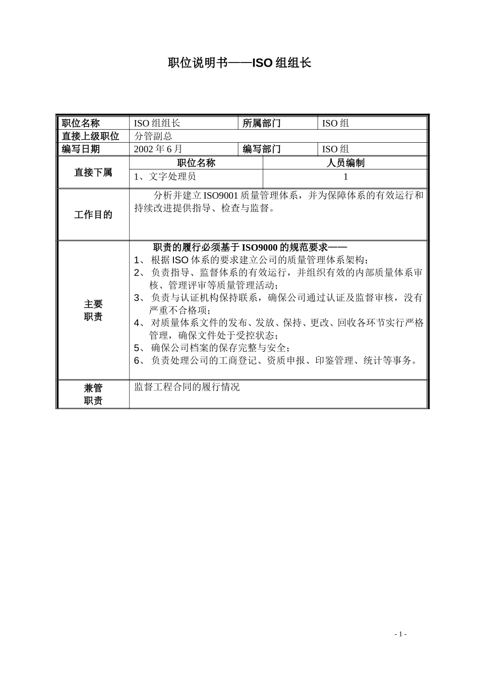 职位说明书——ISO组组长.doc_第1页