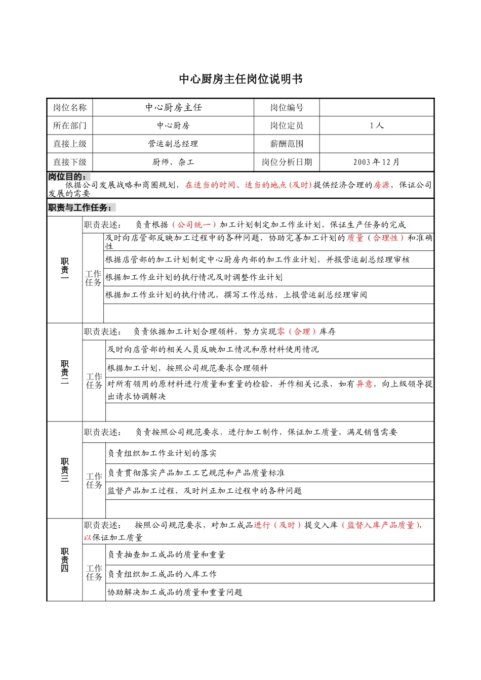 1219－中心厨房主任岗位说明书-yzl.doc_第1页