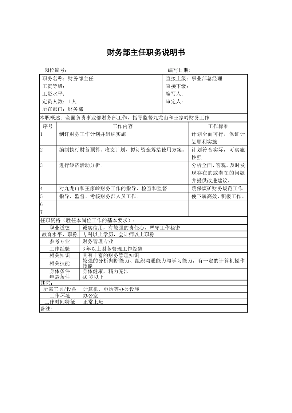 财务部主任职务说明书.doc_第1页