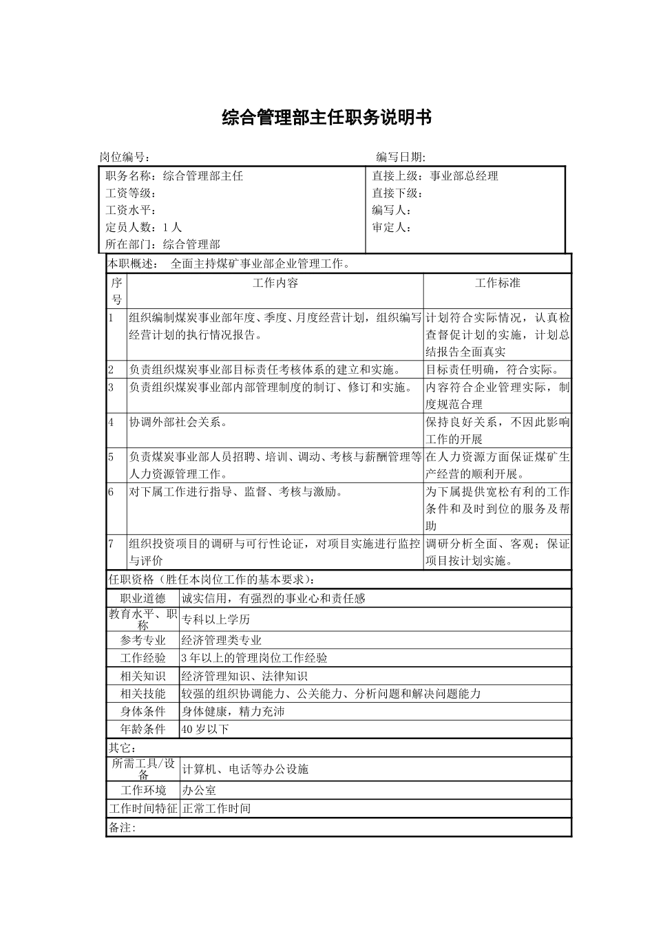 综合管理部经理职务说明书.doc_第1页