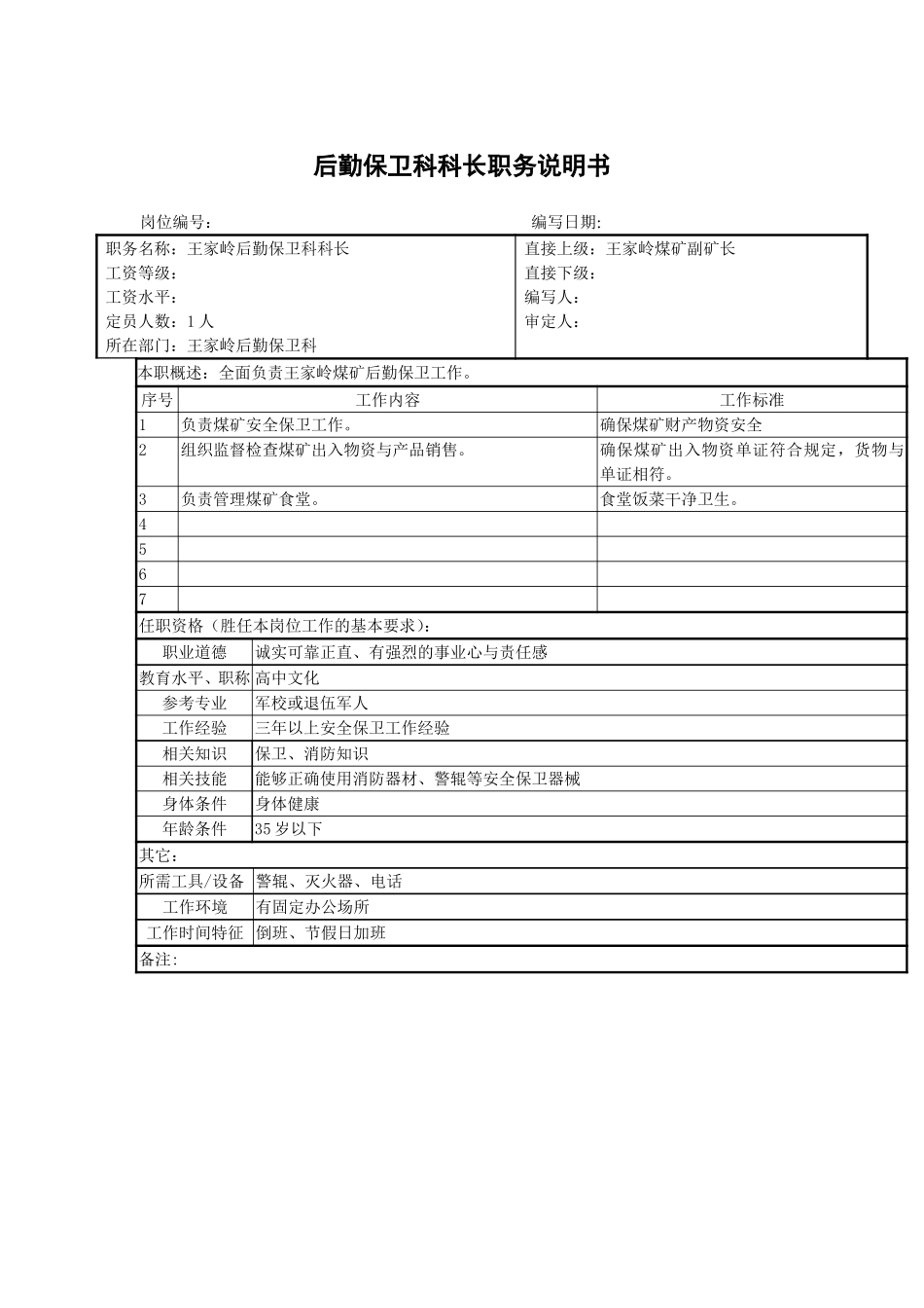 王家岭后勤保卫科科长职务说明书.doc_第1页