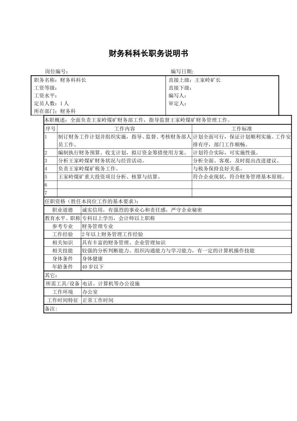 王家岭煤矿财务科科长职务说明书.doc_第1页
