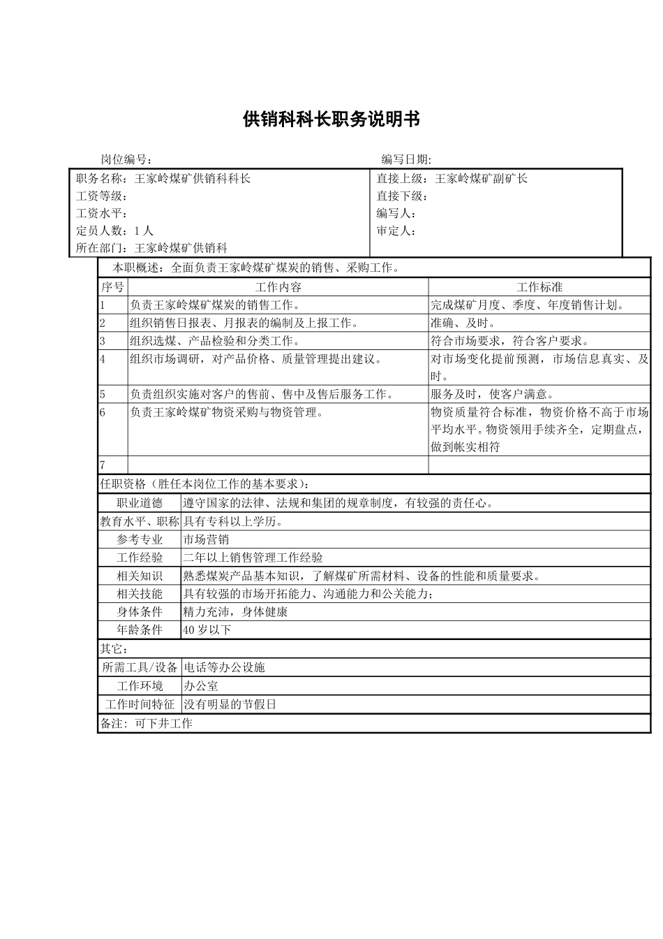 王家岭煤矿供销科科长职务说明书.doc_第1页