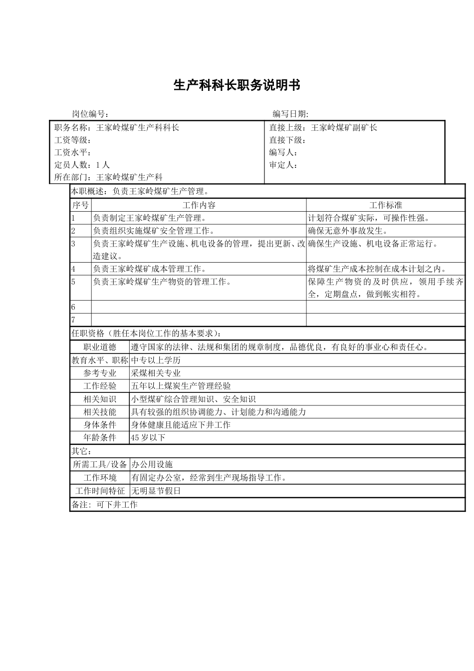 王家岭煤矿生产科科长职务说明书.doc_第1页