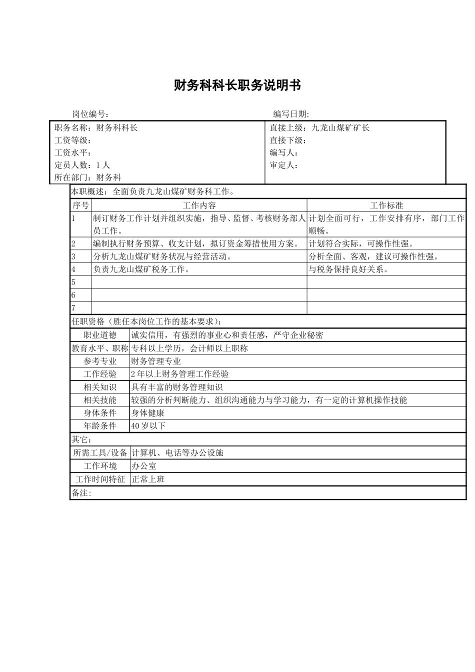 九龙山煤矿财务科科长职务说明书.doc_第1页
