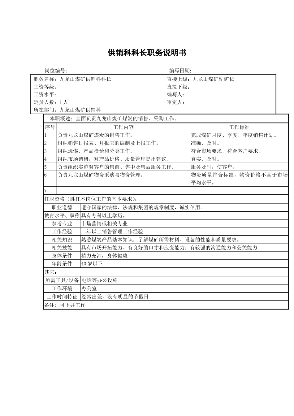 九龙山煤矿供销科科长职务说明书.doc_第1页