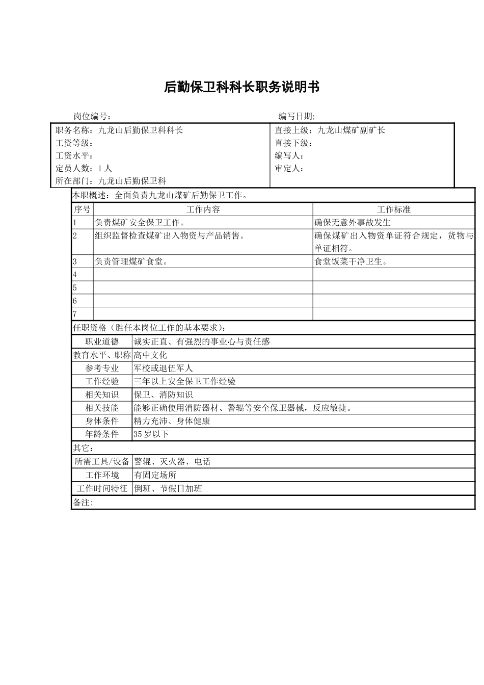 九龙山煤矿后勤保卫科科长职务说明书.doc_第1页