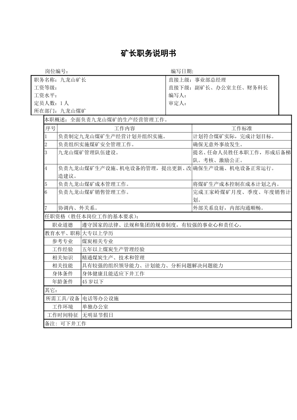 九龙山煤矿矿长职务说明书.doc_第1页