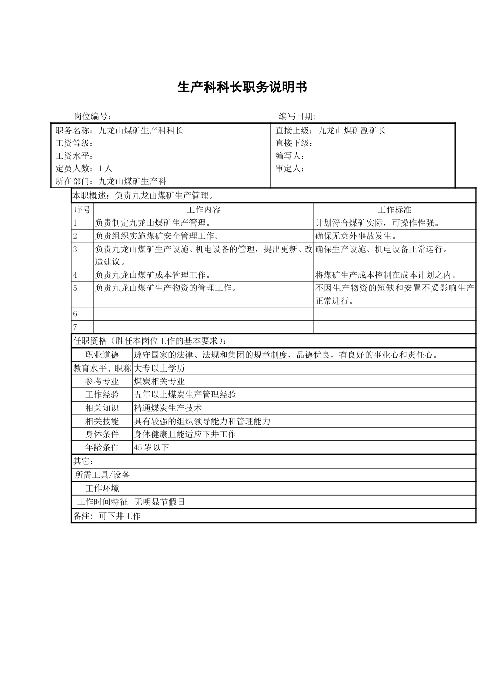 九龙山煤矿生产科科长职务说明书.doc_第1页