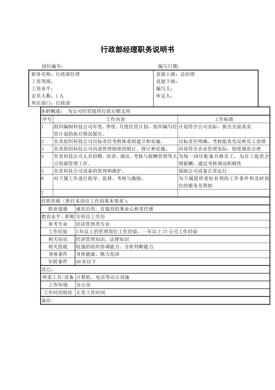 行政部经理职务说明书.doc_第1页