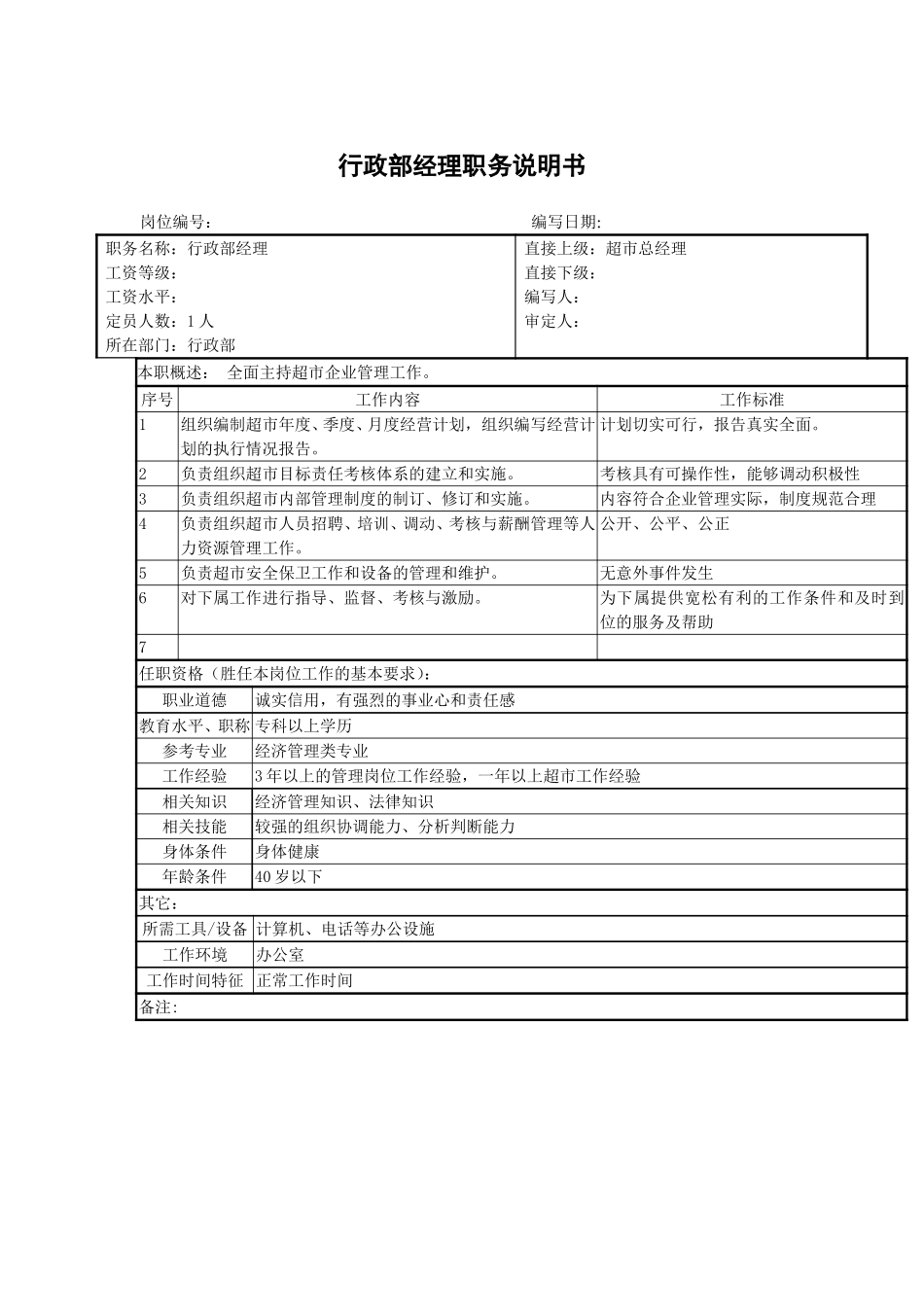 行政部经理职务说明书.doc_第1页