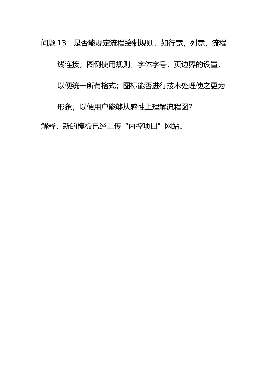 问题13：是否能规定流程绘制规则，如行宽，列宽，流程线连接，图例使用规则，字体字号，页边界的设置，以便统一所有格式；图标能否进行技术处理使之更为形象，以便用户能筟1].doc_第1页