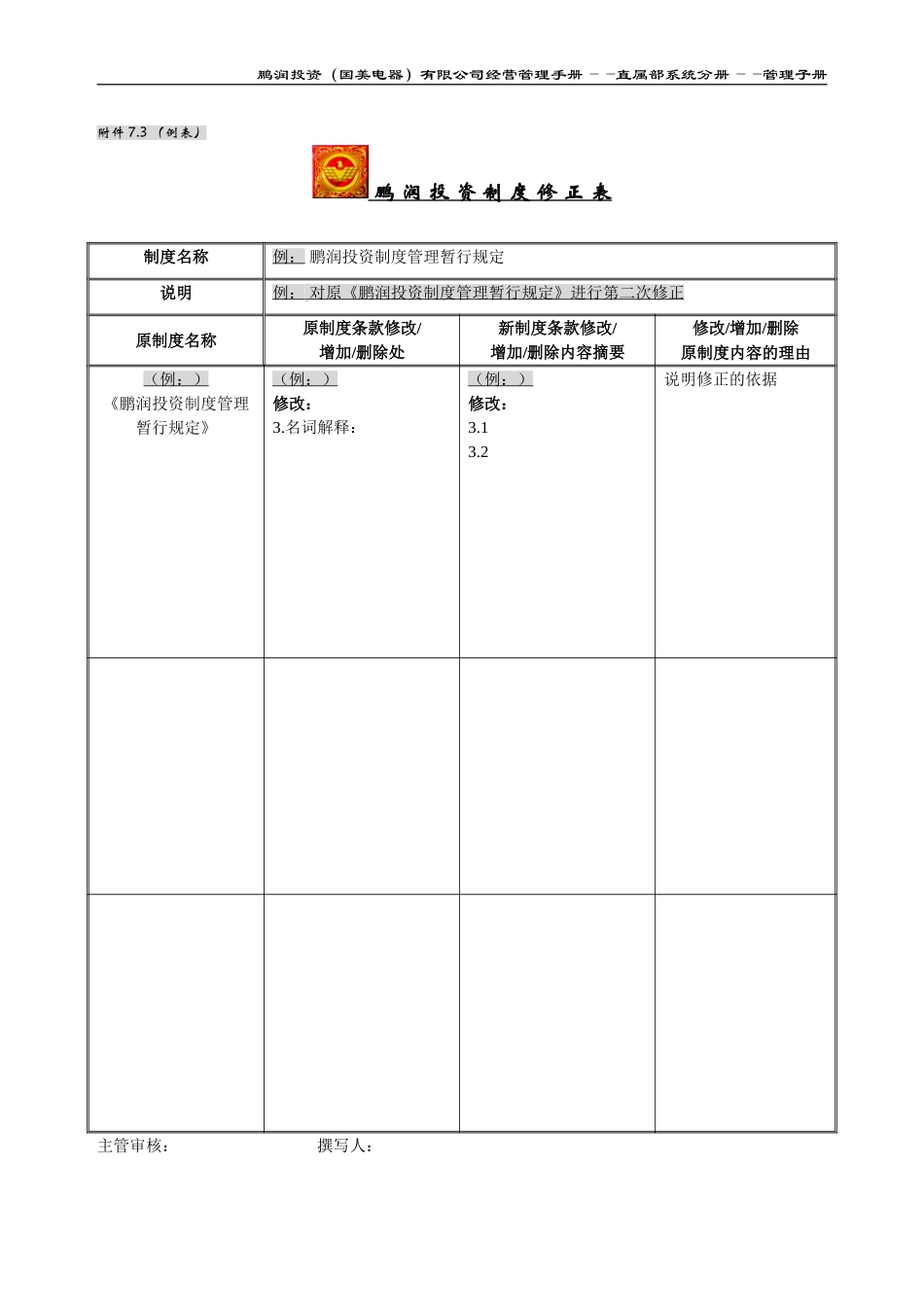 附件7.3：鹏润投资制度修正表.doc_第1页