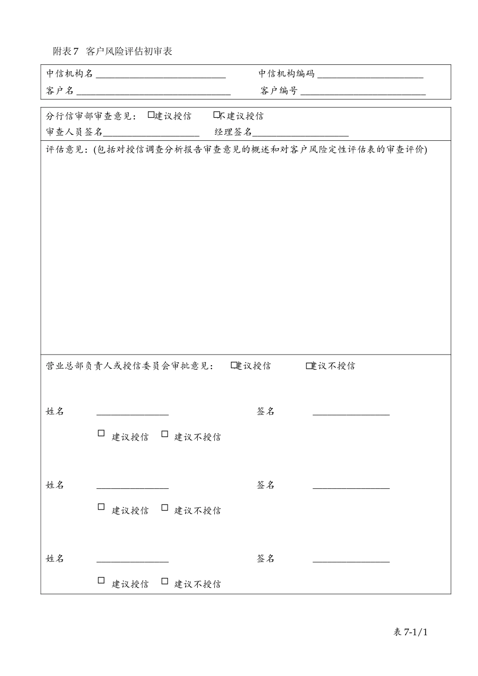 table7(营业总部)客户风险评估初审表.doc_第1页