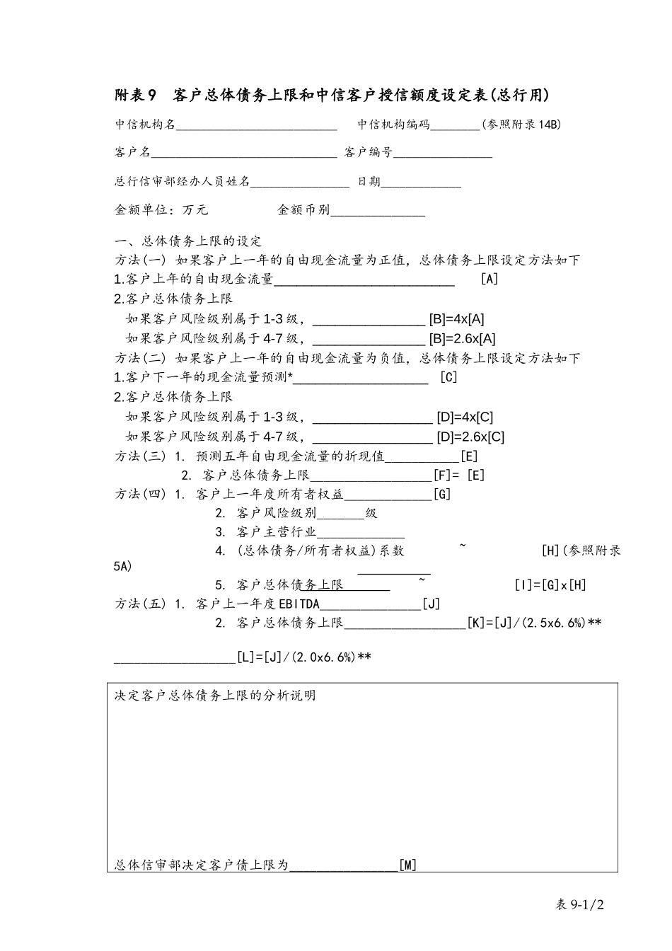 table9 客户总体债务上限和中信客户授信额度设定表(总行用).doc_第1页