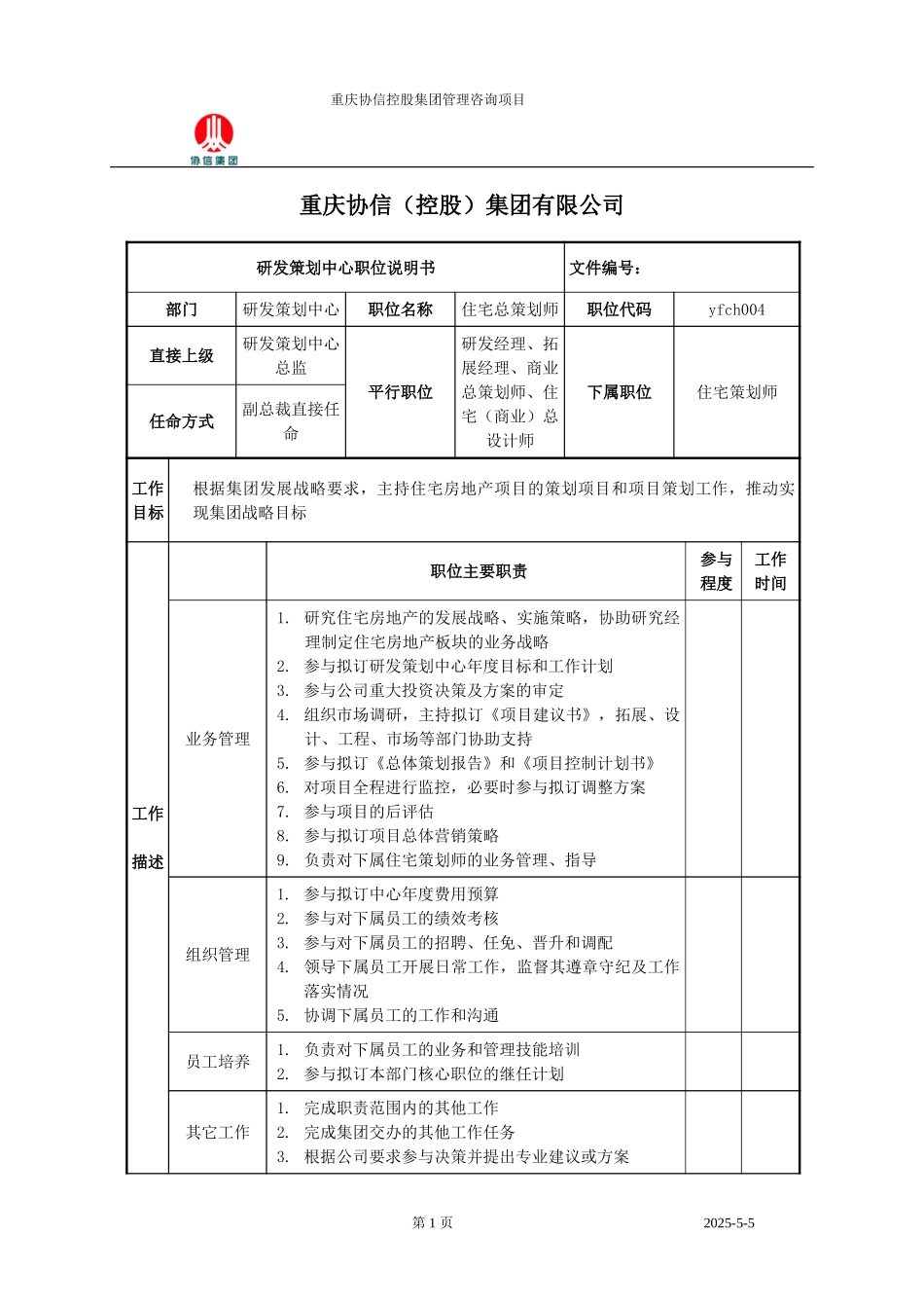 住宅总策划师职位说明书.doc_第1页
